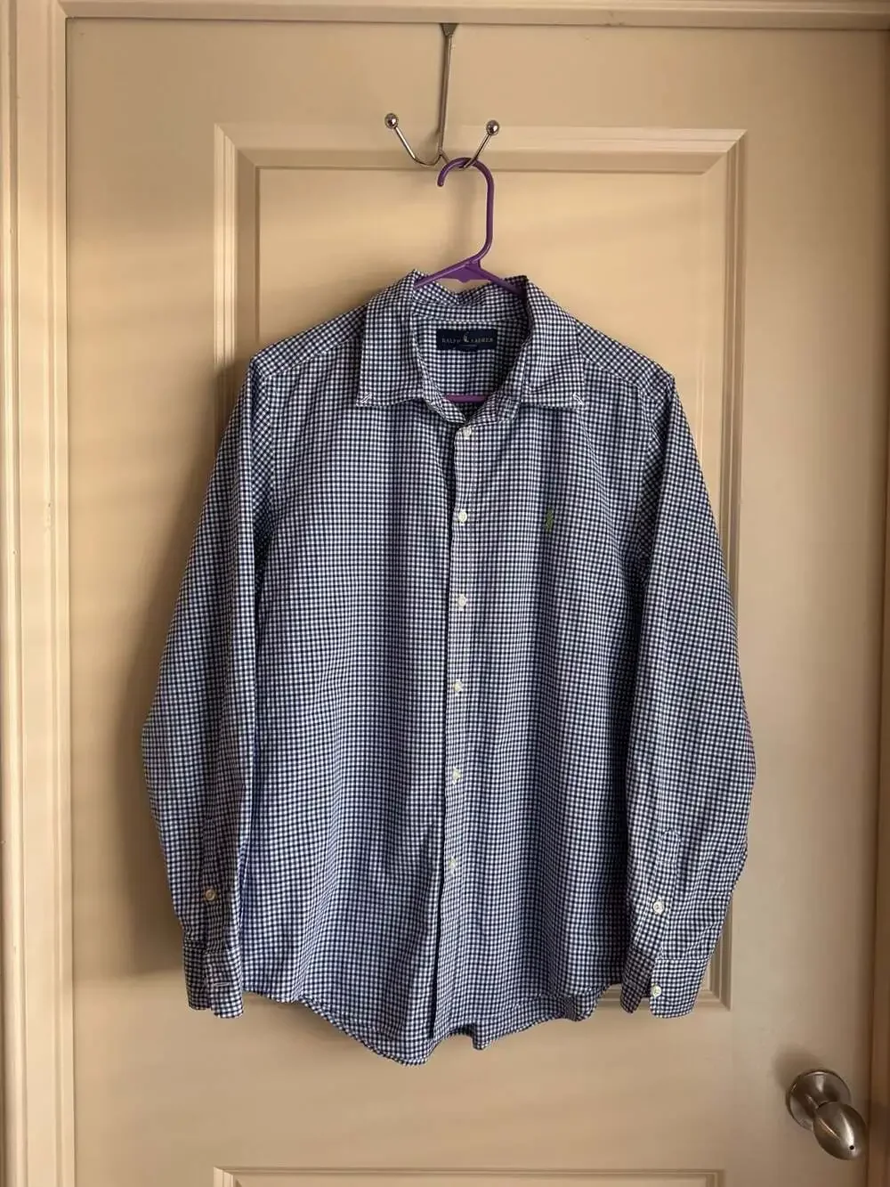 Ralph Lauren Blue Gingham Plaid Long Sleeve Button Down Shirt Size XL 18-20